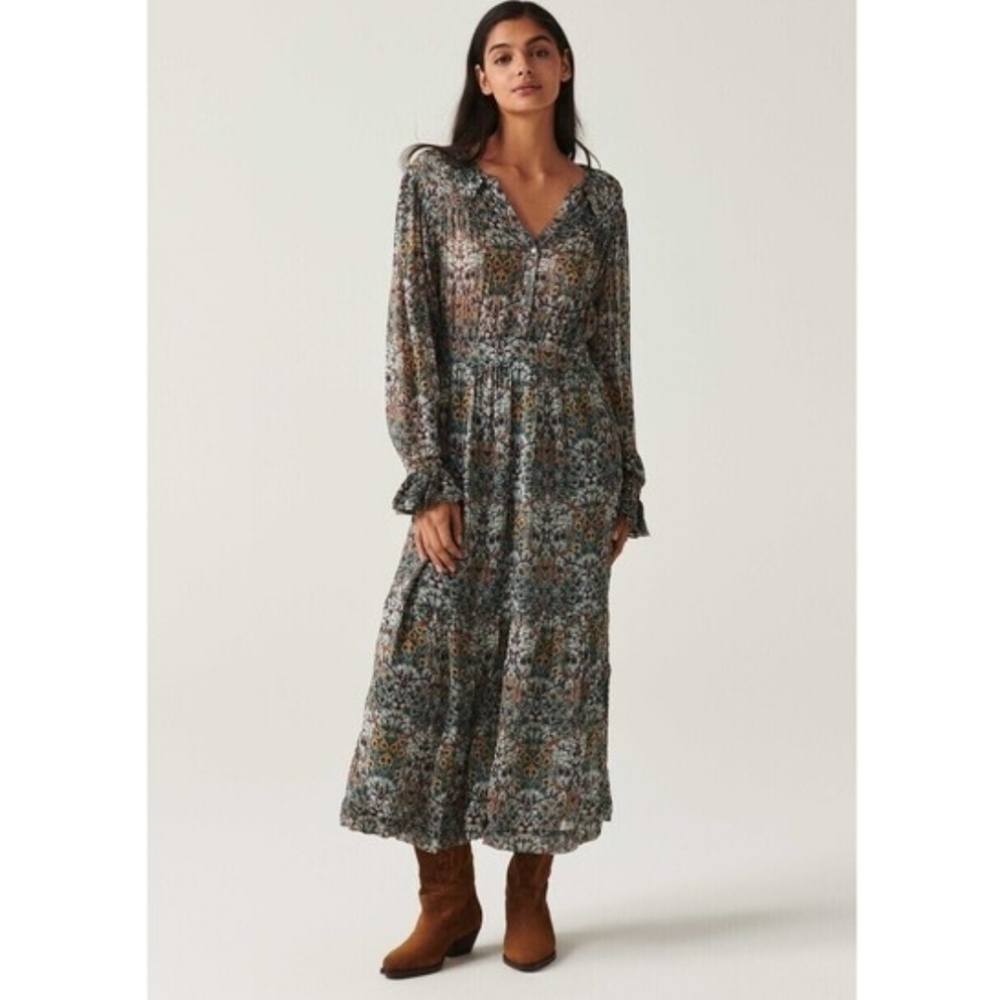 ba&sh Printed Maxi Dress in Green and Brown